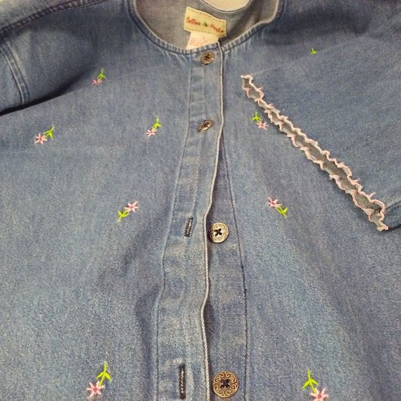 Vintage 80s Toffee Apple Denim Shirt -L Embroidered Daisies Button-Up Vents SS - Picture 7 of 10